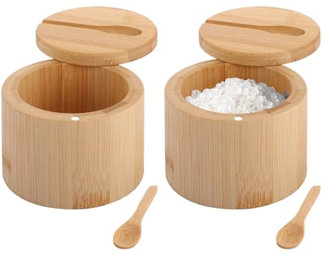 ASelected 2PCS Bamboo Salt Box,Wood Salt Cellar Bowl Box with Serving Spoon,Salt Pig,Elegant Kitchen Salt Container with Magnetic Swivel Lid,Kitchen Container Holder for Spices,Herbs,Salt,6.2 OZ