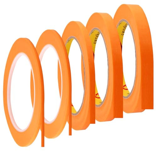 Fineline Tape Lot de 5 rouleaux de ruban adhésif de masquage 3/5/10/12 mm x 50 m Ruban de masquage pour peinture de voiture, travaux de peinture, décoration
