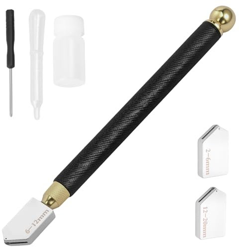 Glasschneider Stahl Glasschneider Profi mit Rutschfestem Griff und Austauschbaren 2 Schneidköpfen Glass Cutter Tool Vielseitig für Schneiden Spiegeln Mosaiken Glas