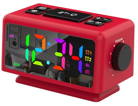 Mateju Radio Despertador Digital, FM Radio Portatil Reloj para Dormitorio Oficina, Relogio Despertador Doble, 12/24H, Carga USB, Snooze, dimmer de Brillo, con Espejo de PC (Rojo)