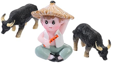 Abaodam Miniatur Bauernhoftierfiguren Satz Hirtenjunge mit Ochse Resin Miniatur Harztiere für Mikrolandschaft Gartendekoration Kleine Tierfiguren für Schreibtisch und Garten