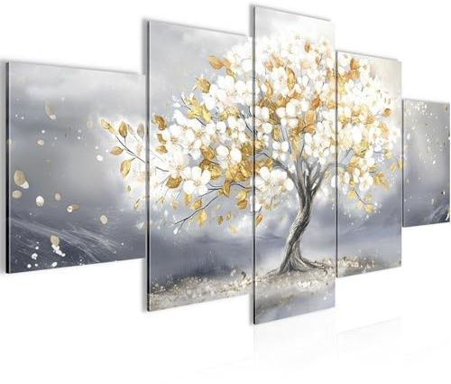 Runa Art - Quadri Albero del La vita 200 x 100 cm 5 Pezzi XXL Decorazione Murale Design Grigio oro 054751b