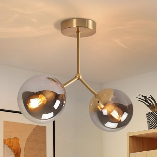 Kowanie Deckenlampe Glas Deckenleuchte Flur: Vintage E27 Flurlampe Decke in | Gold Glaskugel Deckenbeleuchtung 2 flammig Industrial Küchenlampe aus Metall für Küche - Ohne Leuchtmittel
