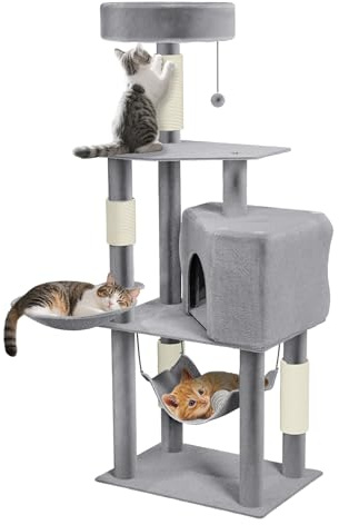 Aufun Kratzbaum Grosse Katzen stabil, Mehrstöckiges Katzenhaus, mit Kratzsäulen, Plattformen, Körben, Katzenmöbel mit Sisal-Seil, Spielhaus Spielzeug für Katzen Grau, XXL(56x39x134cm)