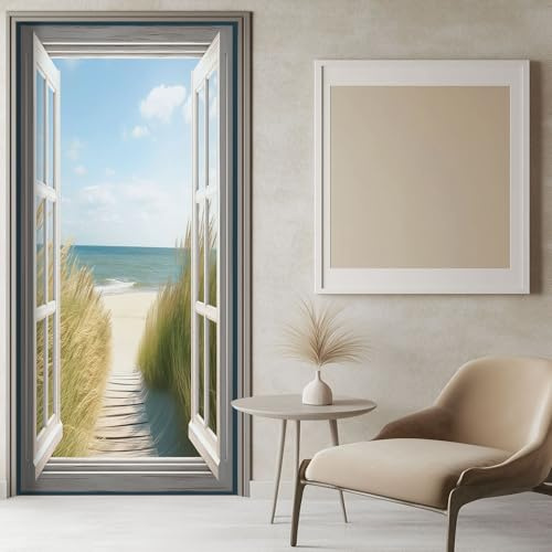 Tür Tapeten Selbstklebend Landschaft Fenster Meer 90x200 cm Hellblau Türposter Türaufkleber Wasserdicht Abnehmbare Vinyl Türfolie Fototapete Diy Wandbild Schlafzimmer Badezimmer