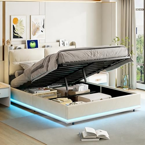 BRILVERDE Polsterbett 160x200 mit Stauraum, Doppelbett mit LED/Kabelloses USB, Hydraulisch Stauraumbett, Jugendbett mit kopfteil, Bettgestell mit Lattenrost, Samt (Beige, 160 x 200 cm)
