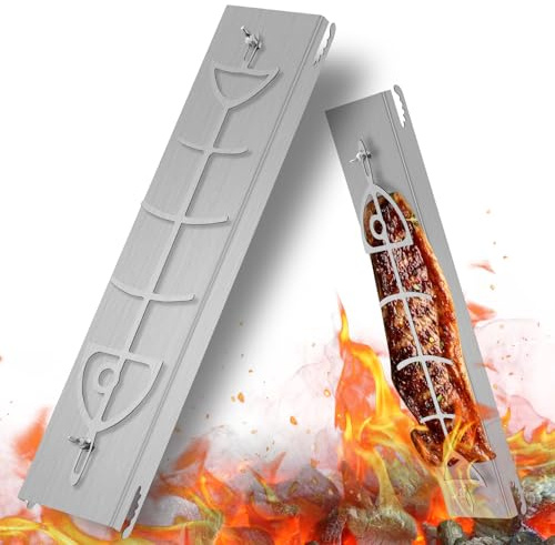 Edelstahl Flammlachshalter für Feuerschalen & Kugelgrills | mit speziellem Spannmechanismus- 52 * 11.5 * 3cm | 180° drehbar | Perfekte Alternative zum Flammlachsbrett