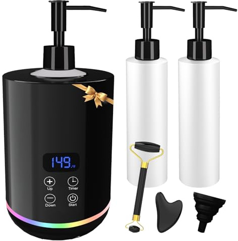 Öl Wärmer für Massage, iklestar Ambient Light Massageöl Wärmer mit zwei Spender-Flaschen, professionelle Körperlotion beheizte Maschine mit Gua Sha und Gesichts-Roller, Schwarz