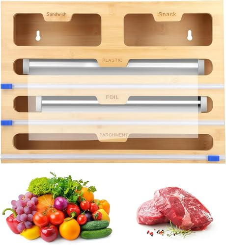 Distributeur de film étirable et découpeur - Distributeur de papier d'aluminium en bambou pour tiroir de cuisine - Organiseur de rangement 5 en 1 pour film étirable et feuille d'aluminium