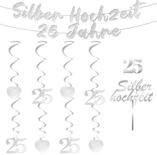 14 PCS Silberhochzeit Deko, Hochzeitsbanner Mit Spiralförmigem Design Und Der Zahl 25, Hochzeitsdekorationen, Jubiläumsornamente, Perfekt Geschenke Zur Silberhochzeit