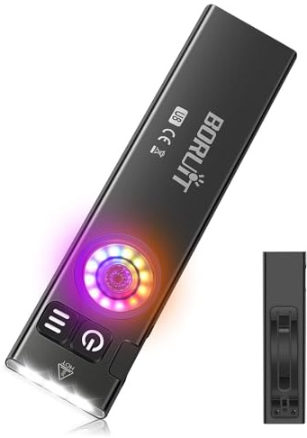 BORUIT U8 Mini Torcia LED EDC Piatta 650 Lumen, Ricaricabile USB-C con Luce Bianca, Gialla e RGB, IP67 Impermeabile, Base Magnetica e Clip per Campeggio, Escursioni ed Emergenze