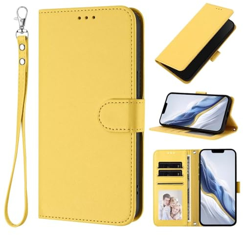 HAOFUGUI Funda Cartera para Moto G22 4G / E32S / E22S 4G, Cubierta de Cuero PU Carcasa, TPU Protección Antigolpes Funda, con Ranuras para Tarjetas Bolsillo y Correa de Muñeca-Amarillo