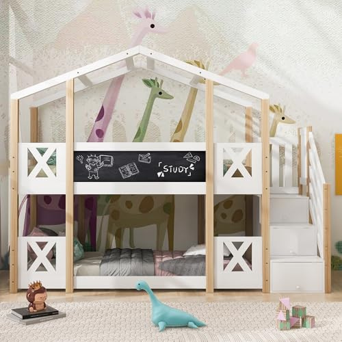 NuvlaGu Lit superposé, 90 x 200 cm, pour enfant, cabane dans les arbres, avec escalier, lit mezzanine avec toboggan et tiroirs, 2 sommiers à lattes, MDF massif, pour chambre d'enfant (blanc + naturel