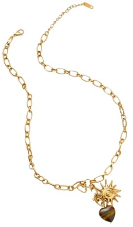 SkyPOOU Collier vintage avec pendentif en forme de cœur en pierre œil de tigre et cristaux naturels avec chaîne en acier inoxydable pour bijoux uniques