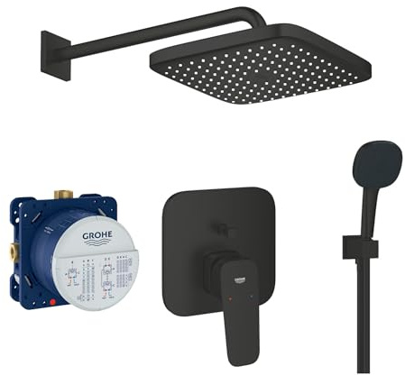 Grohe Duschsystem Unterputz mit Duscharmatur Grohe schwarz GSK11 | Duscharmatur von Grohe Cubeo Einhebelmischer und Grohe Regendusche Duschkopf eckig, Dusch-SET schwarz matt