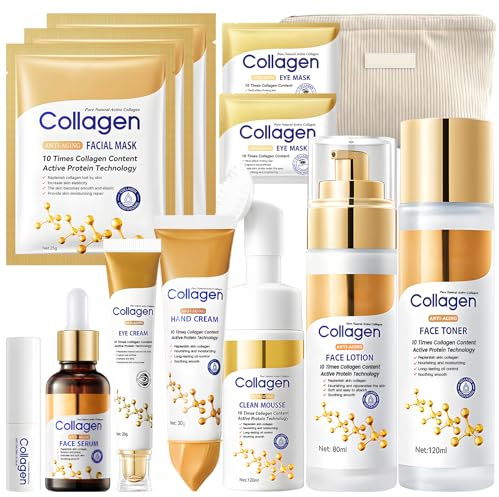 Gesichtspflege Set Damen, 13Stück Skin Care Set mit Collagen, Skincare Set Enthält Gesichtsreiniger, Face Toner, Face Lotion, Collagen Serum, Augencreme, Kollagen Maske, Augen pads, Handcreme, Lipbalm