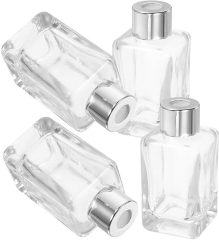 SHINYPASING Juego 4 Botellas Difusoras de Vidrio con Tapa Plateada 50 Ml, Frascos para Aceites Esenciales y Perfumes, Envases Rellenables y Organizador para Decoración del Hogar y Coche