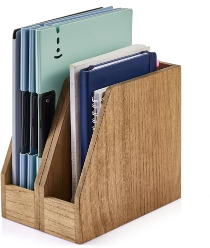 KIRIGEN Schreibtisch-Organizer, Dokumentenhalter, Stehsammler, Dunkelbraun | 2er-Set; je 8,6 × 26,8 × 24 cm; Paulownia-Massivholz; fertig montiert; Pflanzenöl-Finish; für schmale Bücher, Briefe, Hefte