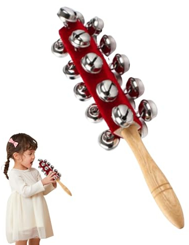 Glocke Jingle Shaking Schlittenglocke – Holz Samt Edelstahl 26,5 x 5,8 cm | Handheld Jingle Bells Percussion Rassel Musikspielzeug | Interaktives Eltern-Kind-Rhythmusinstrument für den Kindergarten