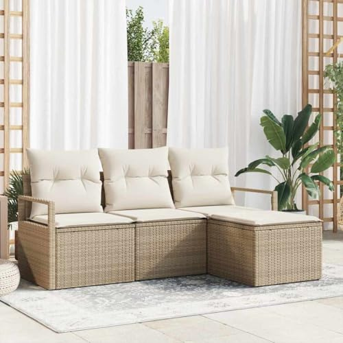 Hoopleep Garten Sofa Set 4-teilig Beige Poly-Rattan, Modulares Outdoor Loungeset mit Kissen, UV-beständig, für Terrasse und Balkon, ideal für 3 Personen