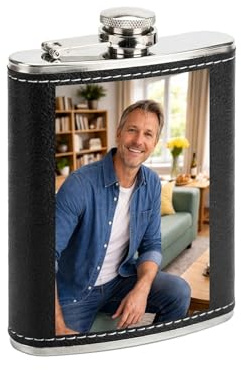 Loongway Personalisiert Flachmann mit Foto - Flachmann Kunstleder - Geeignet für Whiskey Rum und Wodka Partys Camping & Grillen