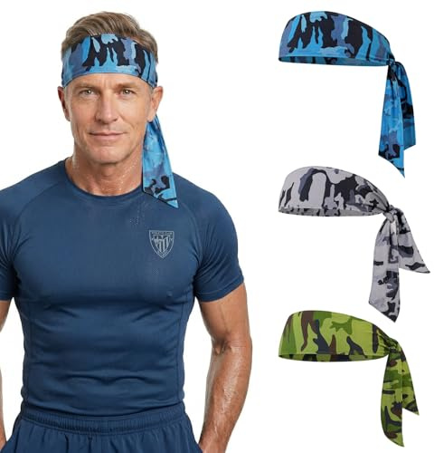 Fascia Capelli Sport Uomo Confezione da 3, Fascia Testa Camouflage in Tessuto Ghiaccio, Elastica Regolabile Assorbente Sudore Asciugatura Rapida per Corsa Fitness Tennis