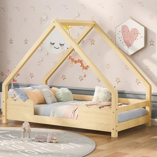 LZPUOUI Hausbett 90x200cm Natur als Bettgestell ist EIN Jugendbett sowie Spielbett und Einzelbett aus hochwertigem Kiefer massiv inklusive Lattenrost und Wellenzaun für das Gästezimmer