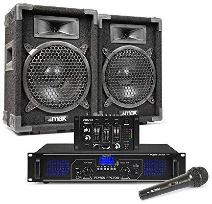 Max 8 Passive DJ Speaker & Amplifier Bundle with FPL700 Bluetooth Amp, 4-Channel DJ Mixer, Wired Microphone - Complete Home Party Karaoke PA System