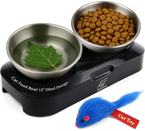 KatSupreme Ciotole per cibo per gatti inclinate - Ciotole rialzate per cibo per gatti, set di ciotole per gatti anti vomito, ciotole per gatti in acciaio inox con supporto, ciotola ortopedica per