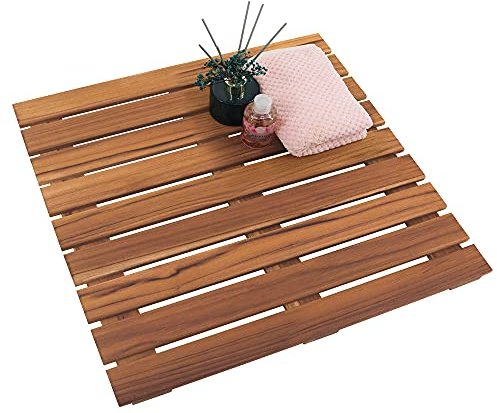 VaeFae Teak Shower Mat, Non-Slip Bath Mat, Luxury Spa Mat, Wooden Mat for Bathtub, 50.8 x 50.8 cm