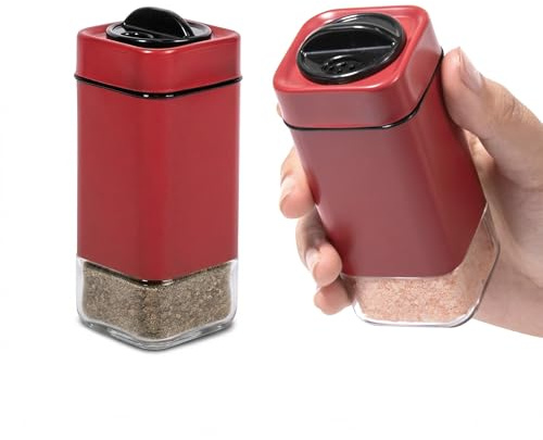 Aelga - Salero y pimentero rojo con agujeros ajustables para verter y salero de cristal, ideal para pimienta negra, kosher y del Himalaya