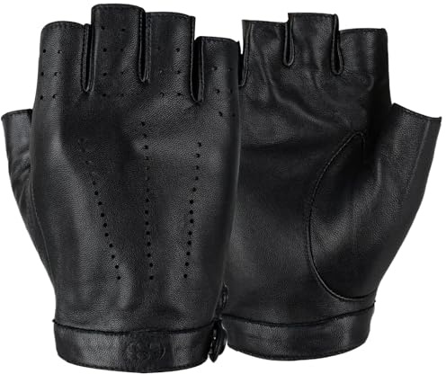 GSG SINCE 1998 Halbfinger Lederhandschuhe Damen – Fingerlose Fahrhandschuhe aus weichem Schafsleder, atmungsaktive handschuhe mit Druckknopfverschluss, Geschenkverpackung Schwarz M