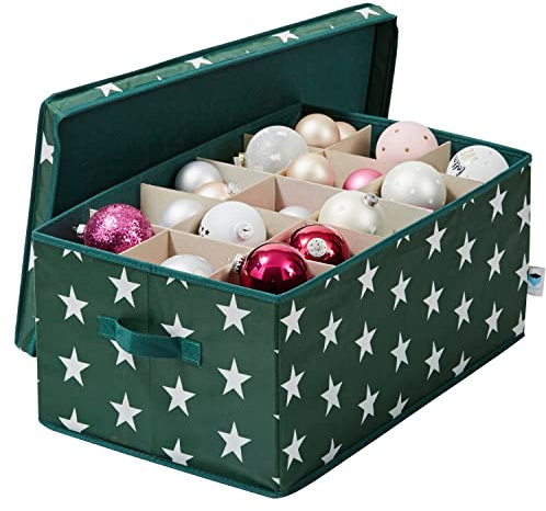 LOVE IT STORE IT Aufbewahrungsbox für Weihnachtskugeln - Box für Weihnachtsdeko aus Stoff - Verstärkt mit Karton - 30 Fächer - Dunkelgrün mit Sternen - 58x36x25 cm