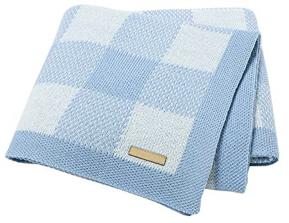 Surwin Strickdecke Babydecke Kuscheldecke Baumwolle, Mädchen und Jungen Babys Gestrickt Kinderdecke Freien Krabbeldecke Perfekt für Kinderwagen Babybett (80x100cm,Himmelblau)