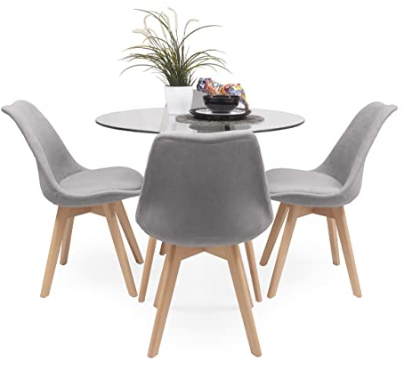 Homely - Conjunto de Comedor Tower Day Tela Mesa Redonda de Cristal de 100 cm y 4 sillas de diseño nórdico tapizadas (Gris Claro)