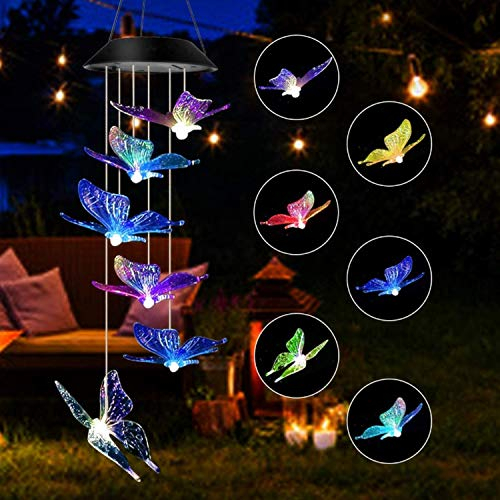Carillon éolien à énergie Solaire avec Papillon colorés - Lampe de Jardin étanche - Décoration pour Cour, Patio, fenêtre, Arbre