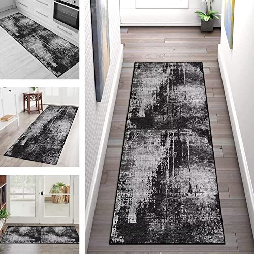 Läufer Teppich Lang Flur Küche Grau Schwarz rutschfest Waschbar Küchenläufer Teppichmatten 60X200CM Polyester Korridor Teppichläufer Flur Wohnzimmer Schlafzimmer Küchenteppich Breite 40cm – 120cm