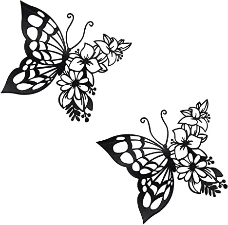 EZ4ENCE 2pcs Butterfly Decoration Boho Wall Art Hanging Appearance Metal Hanging Butterfly Decor Flower Wall Art for Bedroom Living Room Home, Black (Medium)