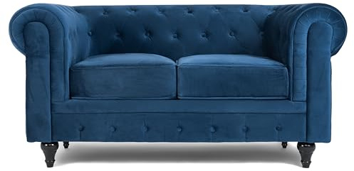 Bravich Velvet Chesterfield Sofa | 2 Seater Settee | Soft Plush Fabric | Foam Seat Cushions | Scroll Arms | Button Studded Back | Living Room Bedroom Conservatory | Navy Blue | 160x90x78cm