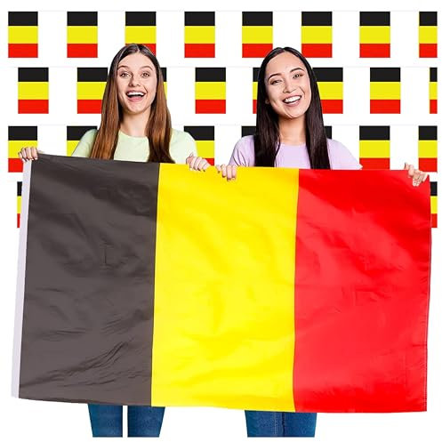 Ensemble de drapeaux et fanions de la Belgique – Grand drapeau belge de 1,5 x 0,9 m avec œillets en métal et fanions de 10 m – Idéal pour les événements sportifs, l'Eurovision, les festivals et les