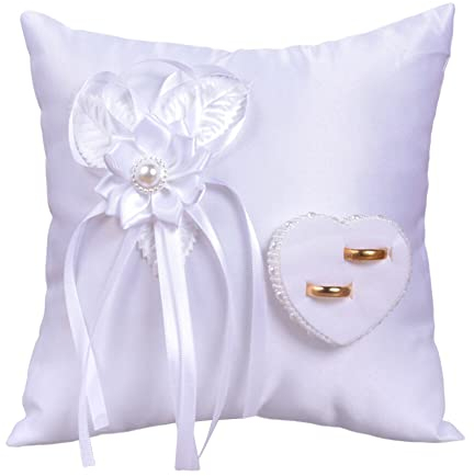 BYNYXI Hochzeit Ringkissen, Ehering Kissen Weiß Brautkissen mit Band Perle Ringschachtel Ringhalter Kissen Heirat Paar Ring Halter Hochzeit Ring Box Ringträger Halter Hochzeit Zubehör für Eheringe