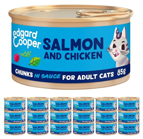 Edgard & Cooper Katzenfutter Nass Getreidefrei Katze Adult Erwachsene Sterilisierte oder Aktive Nassfutter Natürliche Stückchen in Soße 85g x 18 Lachs & Huhn, Schmackhafte und Ausgewogene