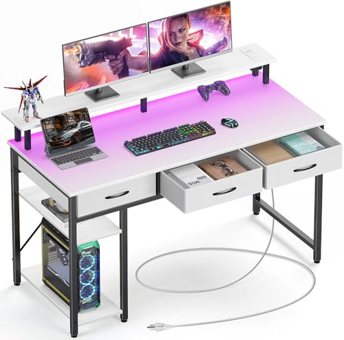 Rolanstar Schreibtisch mit Schubladen, Computertisch mit Steckdosen & LED, Gaming Tisch mit Monitorständer, Regal & 2 Haken, Gaming Schreibtisch für Büro, Wohnzimmer(Weiß, 137x47x90,5cm)