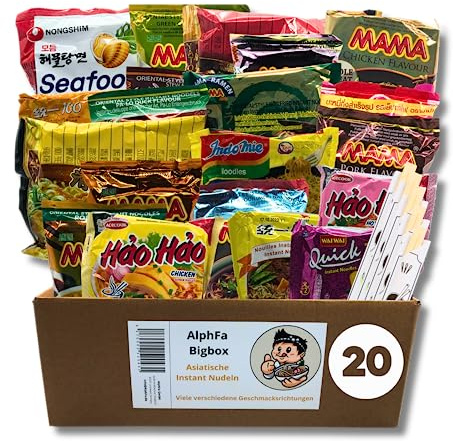 AlphFa Bigbox - 20 asiatische Instant Nudeln Box aus Ramen & Nudelsuppen - zufälliger Mix versch. Sorten Portionsgrößen wie Huhn, Rind, Shrimps uvm. - ideal als Geschenkbox, 5x Essstäbchen