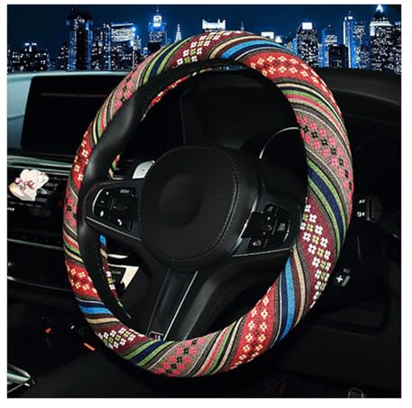 JNNJ Coprivolante per Auto Ad Assorbimento Del Sudore, Coprivolante per Auto in Panno Di Lino Grezzo Di Stile Etnico, Stile Etnico Grossolano Lino Panno Auto Coprivolanti Per Furgoni Camion(Modello E)