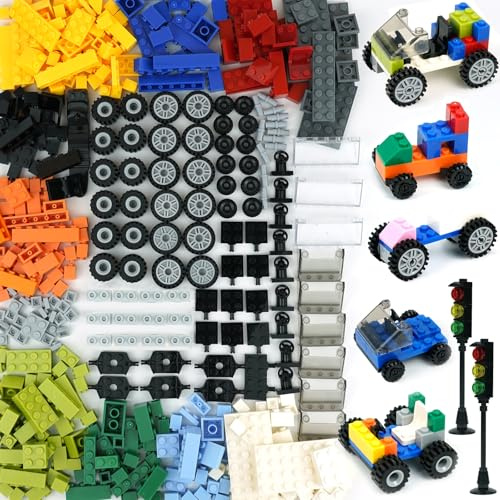 Set di ruote e assi con ruote sterzanti e parabrezza e semaforo, oltre 400 pezzi di mattoncini classici e kit di parti di auto, veicoli di base di blocchi di costruzione di massa con pneumatici