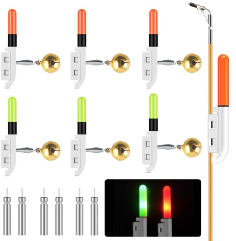 Tulov 6 Stück Knicklichter Angeln, Zwei Farben Bissanzeiger Angeln, mit Glocke, LED Bissanzeiger Rutenspitze für Nachtangeln (Rot & Grün)