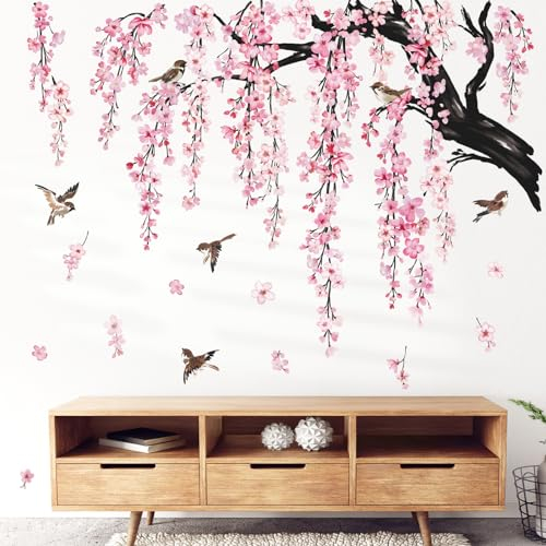 wondever Large Flower Tree Branch Wall Stickers Pink Cherry Blossom Floral Birds Wall Art Decals for Living Room Bedroom TV Wall (150cm*143cm)
