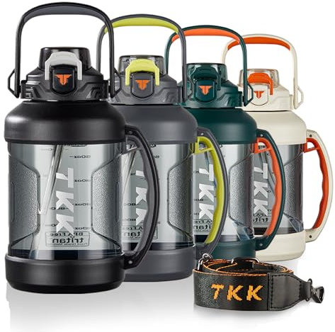 TKK Half Gallon Water Jug Sport Bottle with Straw 2 in 1 Lid Dishwasher Safe BPA Free Leakproof Large Capacity Tritan Plastic Bottle 1/2 Gallon 64oz Water Bottle for Gym Travel Camping Outdoor, Black