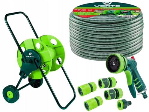 VERTO Carrello avvolgitubo + tubo da giardino 1/2 pollici 50 m + spruzzatore d'acqua + 3 connettori per tubo, tappo dell'acqua, connettore per rubinetto, set completo di avviamento, tubo resistente ai